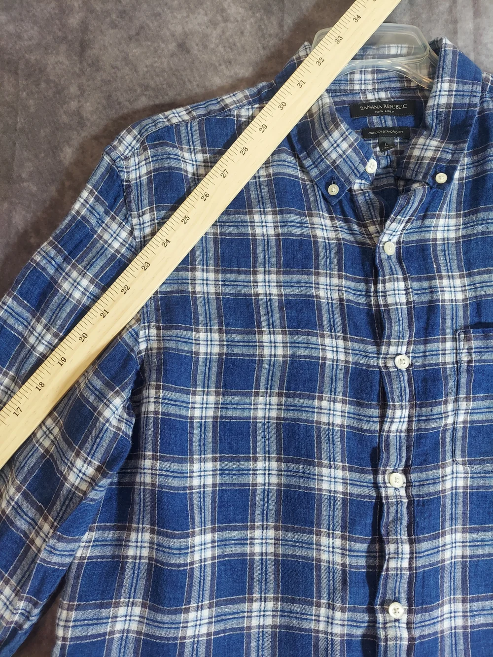 Banana Republic Linen Plaid Shirt Men L Camden Standard Fit Blue White Plaid LS